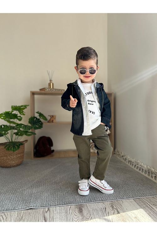 Miniğimin Cicileri Müslin Pamuk Gömlekli, kot ceket kapüşonlu, De Jouten baskılı Erkeı Çocuk 3 Lü Takım - Yeşil