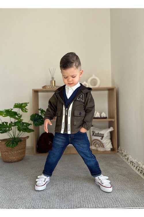 Miniğimin Cicileri Şerit Detaylı Cepkenli Erkek Çocuk 4 lü Takım - Yeşil