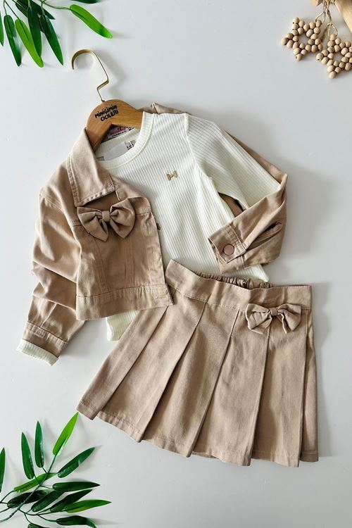 Miniğimin Cicileri Fiyonk Detaylı Pileli Etekli Kız Çocuk 3 lü Takım - Kahve
