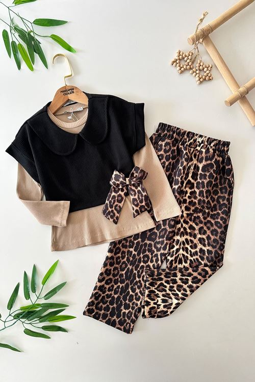 Miniğimin Cicileri Leopar Fiyonk Detaylı 3 lü Kız Çocuk Takım - Kahve