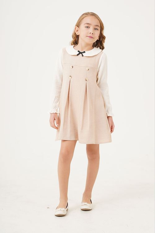 Miniğimin Cicileri Düğmeli Chanel Kumaş Kız Çocuk Jile - Vizon