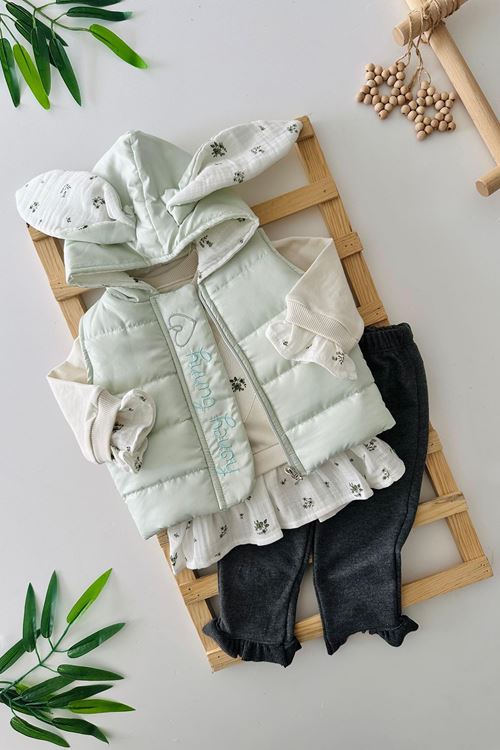 Miniğimin Cicileri Kalp İşleme Kulak Detaylı Kız Çocuk 3 lü Takım - Yeşil