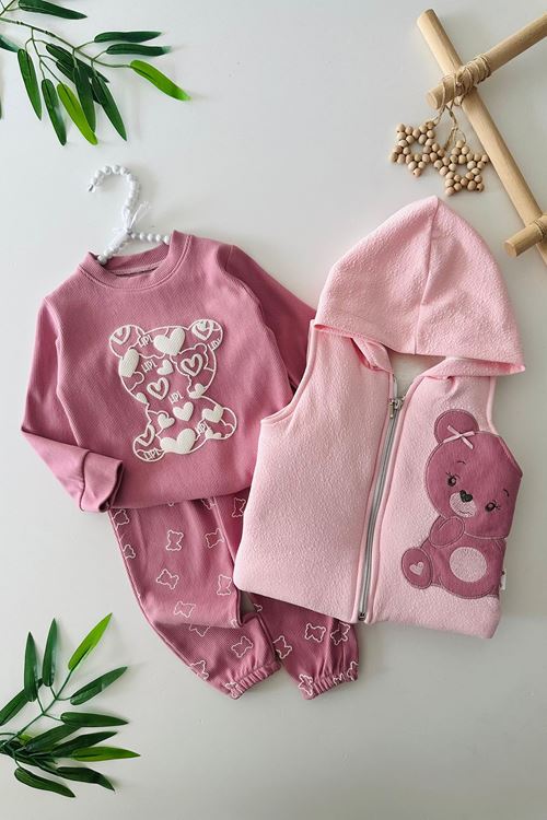 Miniğimin Cicileri Sevimli Ayıcıl Desenli Kız Bebe Şişme Yelekli 3 lü Takım - Mor