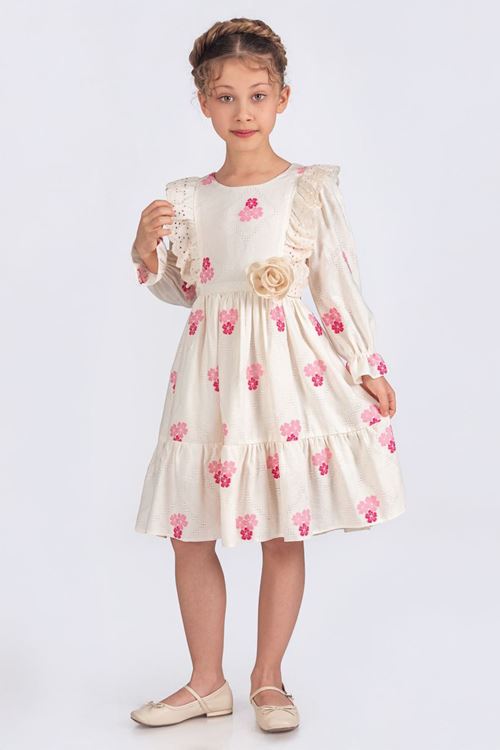 Miniğimin Cicileri Çiçek Desenli Kız Çocuk Fisto Detaylı Elbise - Pembe