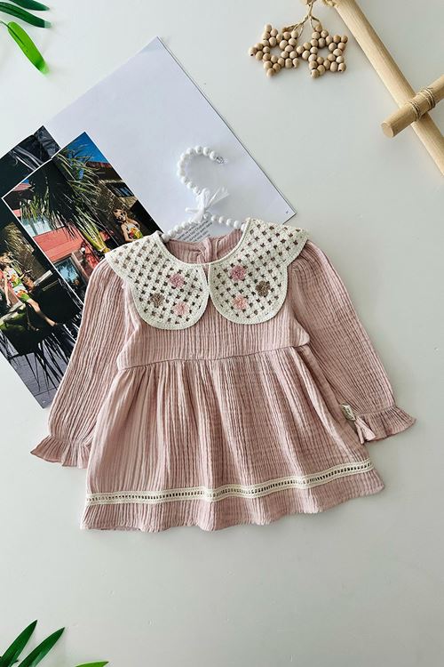 Miniğimin Cicileri Örgü Yakalı Kız Bebe Müslin Elbise - Pembe