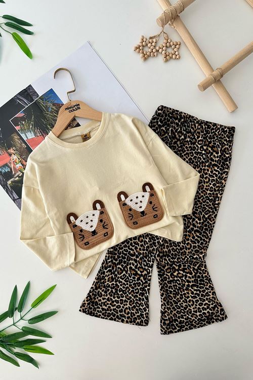 Miniğimin Cicileri Leopar Desenli Cep Kedicik Örgü Detaylı Kız Çocuk 2 li Takım - Bej