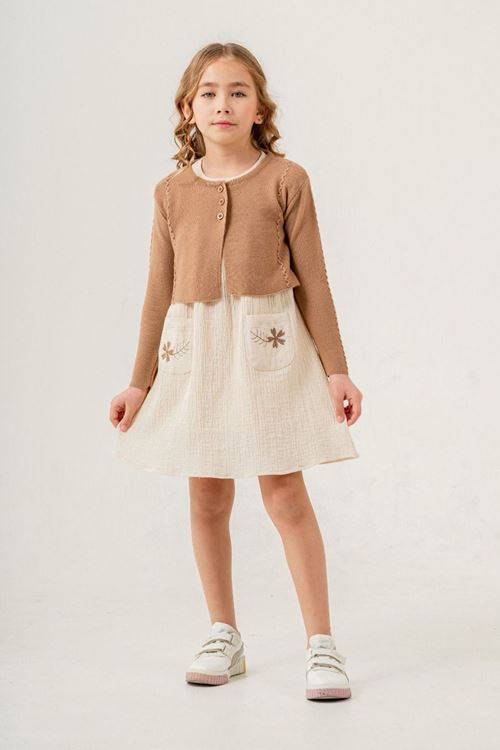 Miniğimin Cicileri Müslin Çiçek İşlemeli Triko Hırkalı Kız Çocuk Takım - Kahverengi