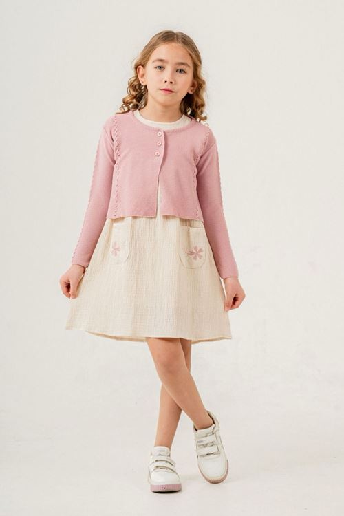 Miniğimin Cicileri Müslin Çiçek İşlemeli Triko Hırkalı Kız Çocuk Takım - Pembe