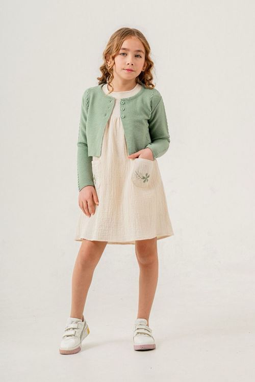 Miniğimin Cicileri Müslin Çiçek İşlemeli Triko Hırkalı Kız Çocuk Takım - Yeşil