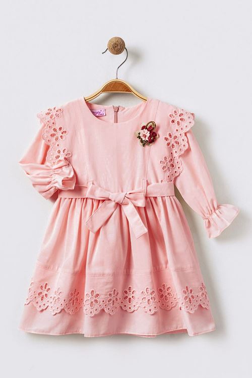 Miniğimin Cicileri Brode Fırfır Detaylı Kız Çocuk Elbise - Pembe