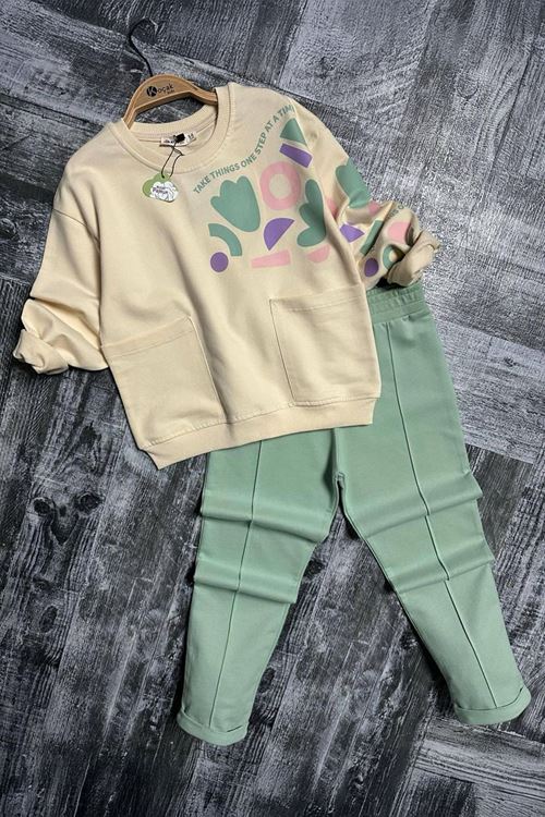 Miniğimin Cicileri Geometrik Lale Baskılı Çimalı Kız Çocuk Takım - Yeşil