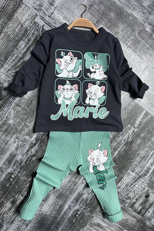 Miniğimin Cicileri Marie  Baskılı  Fitilli Kız Çocuk Taytlı Takım - Yeşil