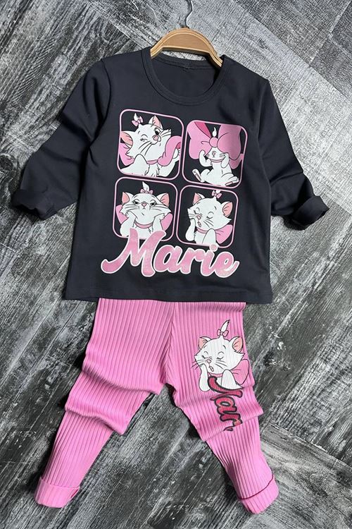 Miniğimin Cicileri Marie  Baskılı  Fitilli Kız Çocuk Taytlı Takım - Pembe