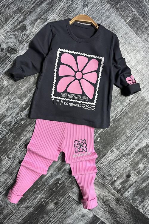 Miniğimin Cicileri Çerçeveli Çiçek Desen  Fitilli Kız Çocuk Taytlı Takım - Pembe