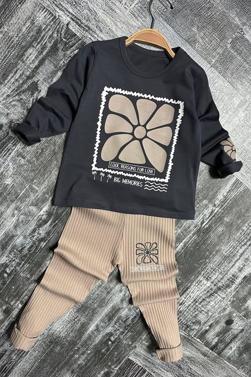 Miniğimin Cicileri Çerçeveli Çiçek Desen  Fitilli Kız Çocuk Taytlı Takım - Bej