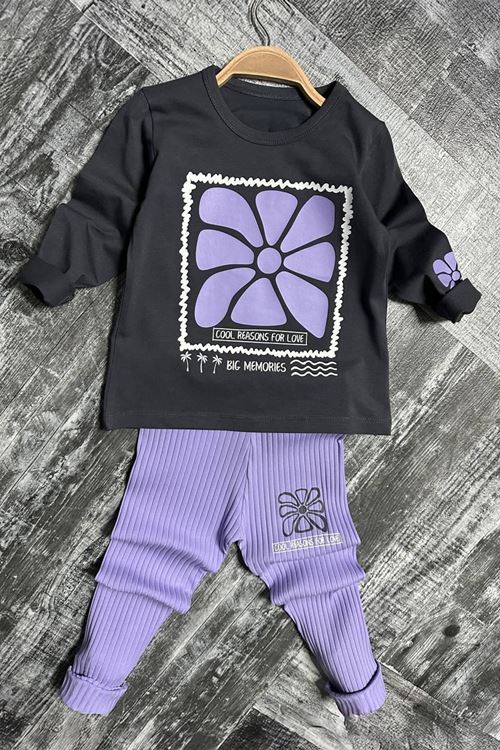 Miniğimin Cicileri Çerçeveli Çiçek Desen  Fitilli Kız Çocuk Taytlı Takım - Lila