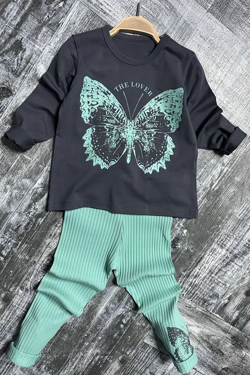 Miniğimin Cicileri Kelebek Desen Fitilli Kız Çocuk Taytlı Takım - Yeşil