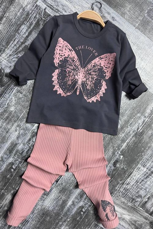 Miniğimin Cicileri Kelebek Desen Fitilli Kız Çocuk Taytlı Takım - Gül Kurusu