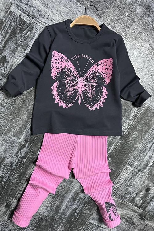 Miniğimin Cicileri Kelebek Desen Fitilli Kız Çocuk Taytlı Takım - Pembe