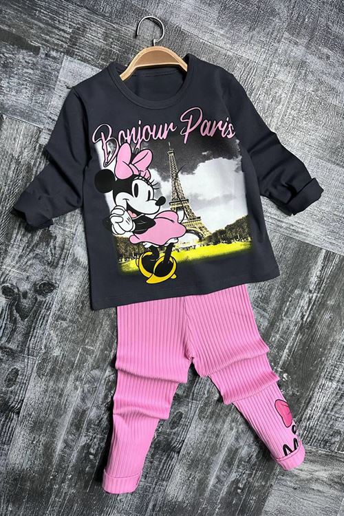 Miniğimin Cicileri Mnn Paris Desen Fitilli Kız Çocuk Taytlı Takım - Pembe