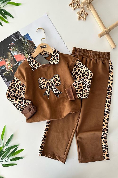 Miniğimin Cicileri Leopar Fiyonk Detaylı Kız Çocuk 2 li Takım - Kahve