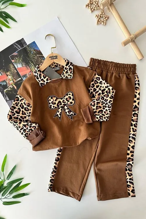 Miniğimin Cicileri Leopar Fiyonk Detaylı Kız Çocuk 2 li Takım - Kahve