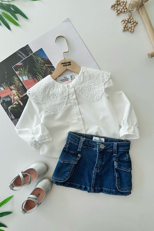 Miniğimin Cicileri Brode Yaka Detaylı Gömlekli Kız Çocuk Kot Etekli Takım - Beyaz