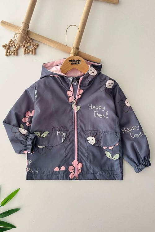 Miniğimin Cicileri Çiçek Baskılı Kız Çocuk Kapüşonlu Yağmurluk - Antrasit