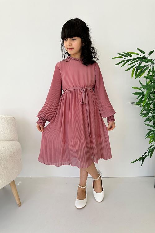 Miniğimin Cicileri Pilise Tül Astarlı Kız Çocuk Elbise - Gül Kurusu