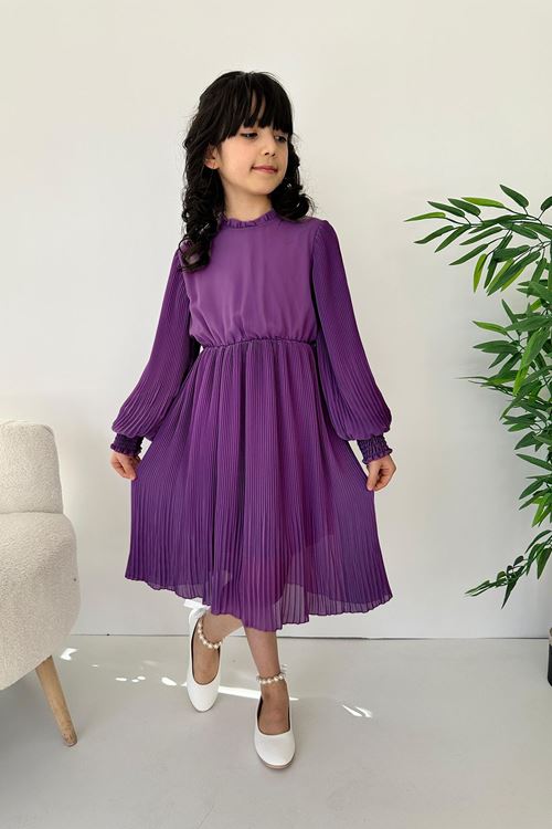 Miniğimin Cicileri Pilise Tül Astarlı Kız Çocuk Elbise - Mor