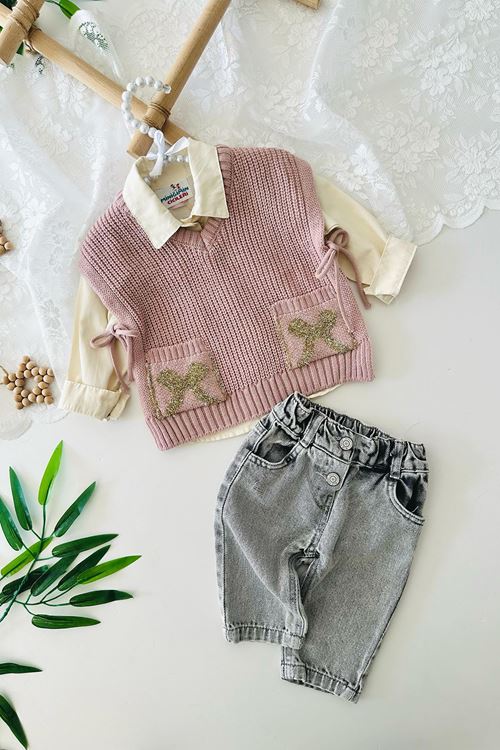 Miniğimin Cicileri Fiyonk Cep Detaylı Trikolu Kız Bebe 3 lü Takım - Pembe