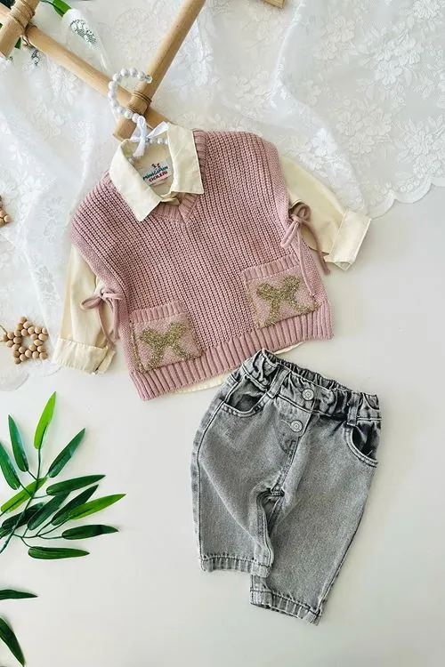 Miniğimin Cicileri Fiyonk Cep Detaylı Trikolu Kız Bebe 3 lü Takım - Pembe