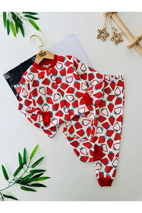 Miniğimin Cicileri Çilek  Baskılı Kız Çocuk Pamuklu Pijama Takımı - Kırmızı