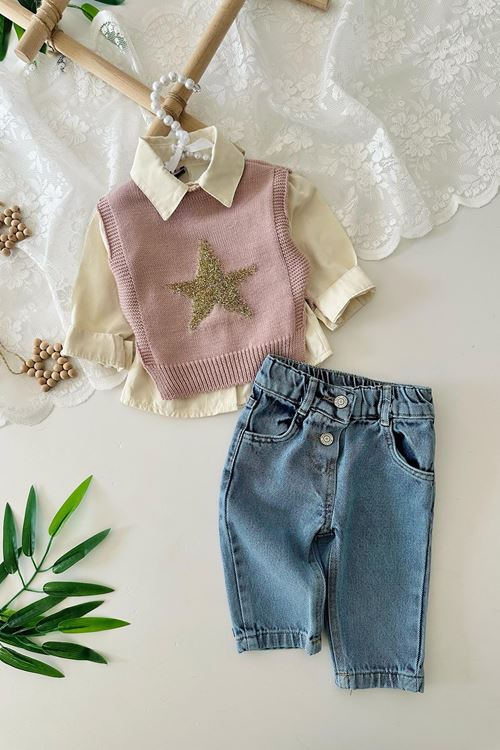 Miniğimin Cicileri Yıldız Pırıltı Detaylı Trikolu Kız Bebe 3 lü Takım - Pudra