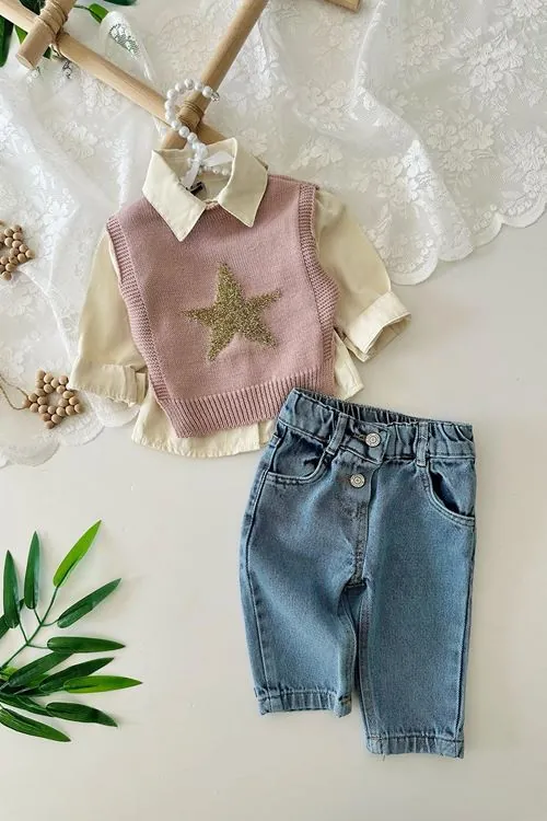 Miniğimin Cicileri Yıldız Pırıltı Detaylı Trikolu Kız Bebe 3 lü Takım - Pudra