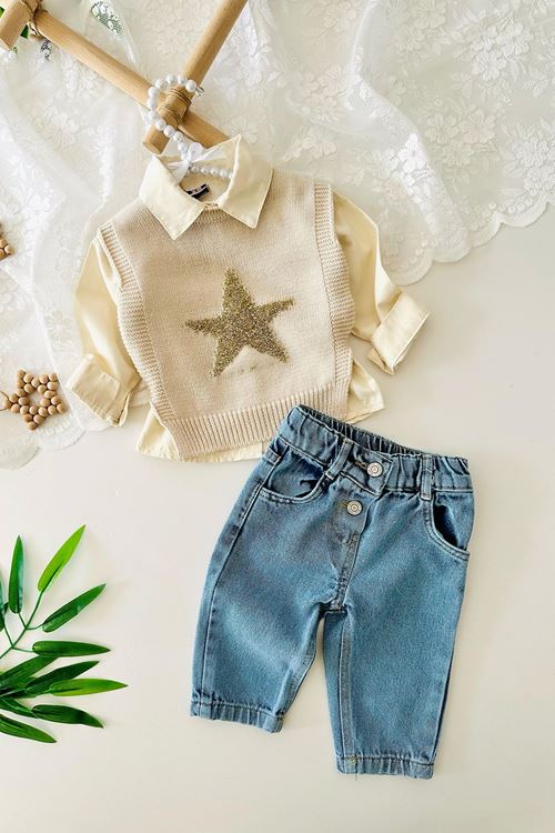 Miniğimin Cicileri Yıldız Pırıltı Detaylı Trikolu Kız Bebe 3 lü Takım - Bej