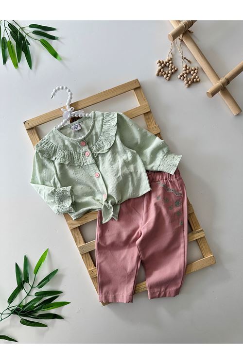 Miniğimin Cicileri Fırfırlı Gömlek Nakış Pantolon Kız Bebek Takım - Yeşil