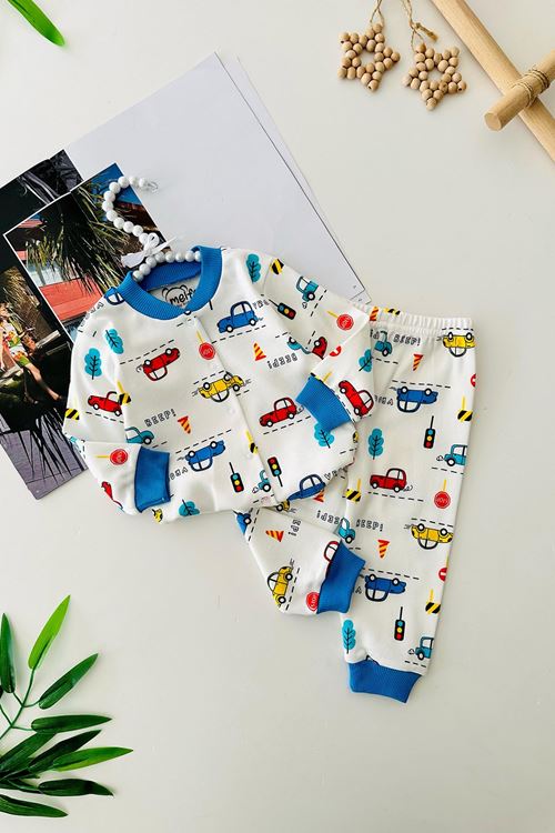 Miniğimin Cicileri Araba Baskılı Pamuklu Erkek Çocuk Pijama Takımı - Mavi