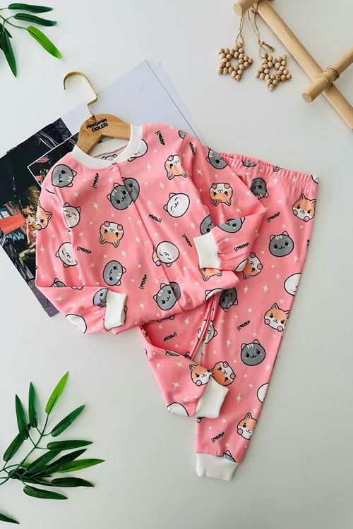Miniğimin Cicileri Kedicik Baskılı Pamuklu Kız Çocuk Pijama Takımı - Pembe