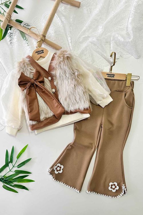 Miniğimin Cicileri Kürklü Deri Biye Detaylı Kız Çocuk 3 lü Takım - Kahverengi