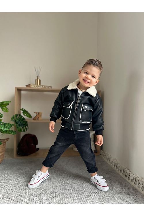 Miniğimin Cicileri Deri Kürklü Cepli Montlu Run Baskı 3 Lü Erkek Çocuk Takım - Siyah
