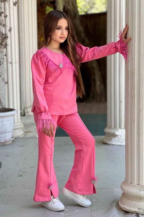 Miniğimin Cicileri Tüy Detaylı İspanyol Kız Çocuk Takım - Açık Pembe