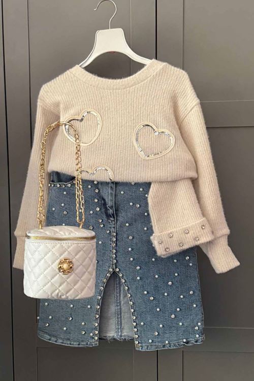 Miniğimin Cicileri Taşlı Yırtmaç Detaylı Kot Etekli 4 Lü Kombin - Açık Mavi