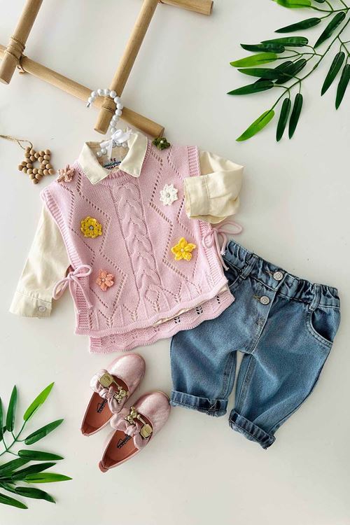 Miniğimin Cicileri Lüx Çiçek Detaylı Triko 3 Parça Kız Bebe Takım - Pembe