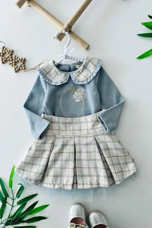 Miniğimin Cicileri Bebe Yaka Çiçek Nakış Detaylı Tüllü Kız Çocuk Takım - Bebe Mavi