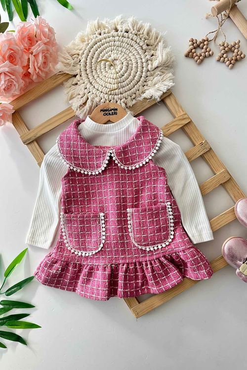 Miniğimin Cicileri Tüvit Bebe Yaka PileLi Kız Çocuk Jile Li 2 Li Takım - Fuşya