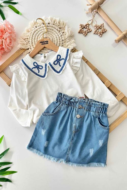 Miniğimin Cicileri Fiyonk Yaka Örgü Detaylı Kot Etekli Kız Çocuk 2 li Takım - Beyaz