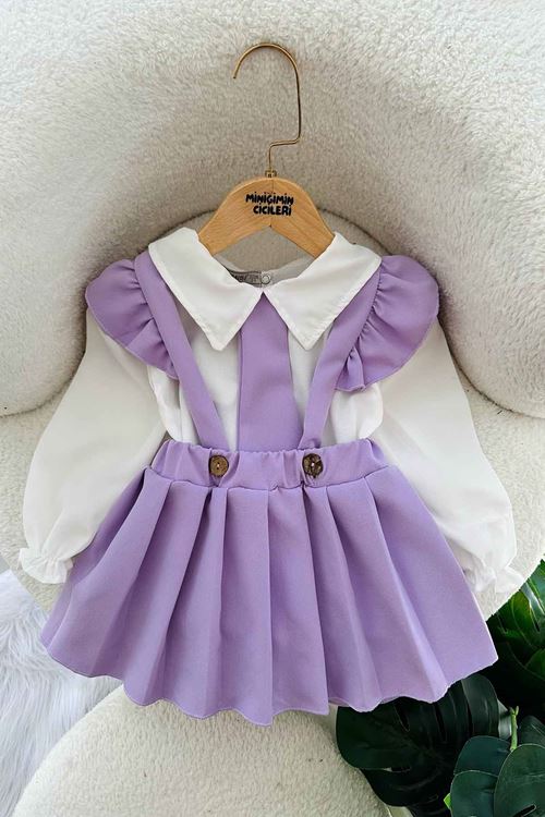Miniğimin Cicileri Kravat Detaylı PileLi Kız ÇocuK Gömlekli Takım - Lila