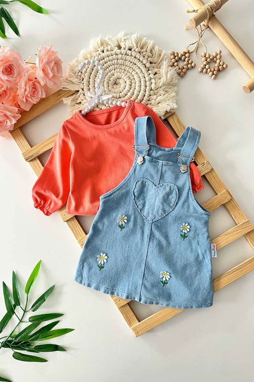 Miniğimin Cicileri Papatya İşleme Kot Jileli Kız Çocuk 2 li Takım - Turuncu