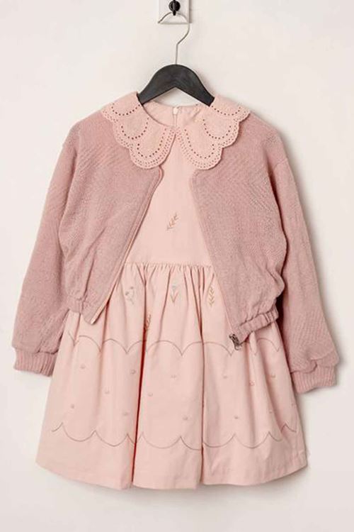 Miniğimin Cicileri Triko Hırkalı Fisto Yakalı Kız Çocuk Pamuk Elbise Takım - Pembe
